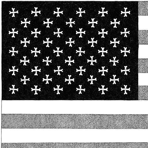 Cropped close-up of an illustration of the American flag, where two dog bones form each star shape. The stripes are drawn to resemble curly dog fur.